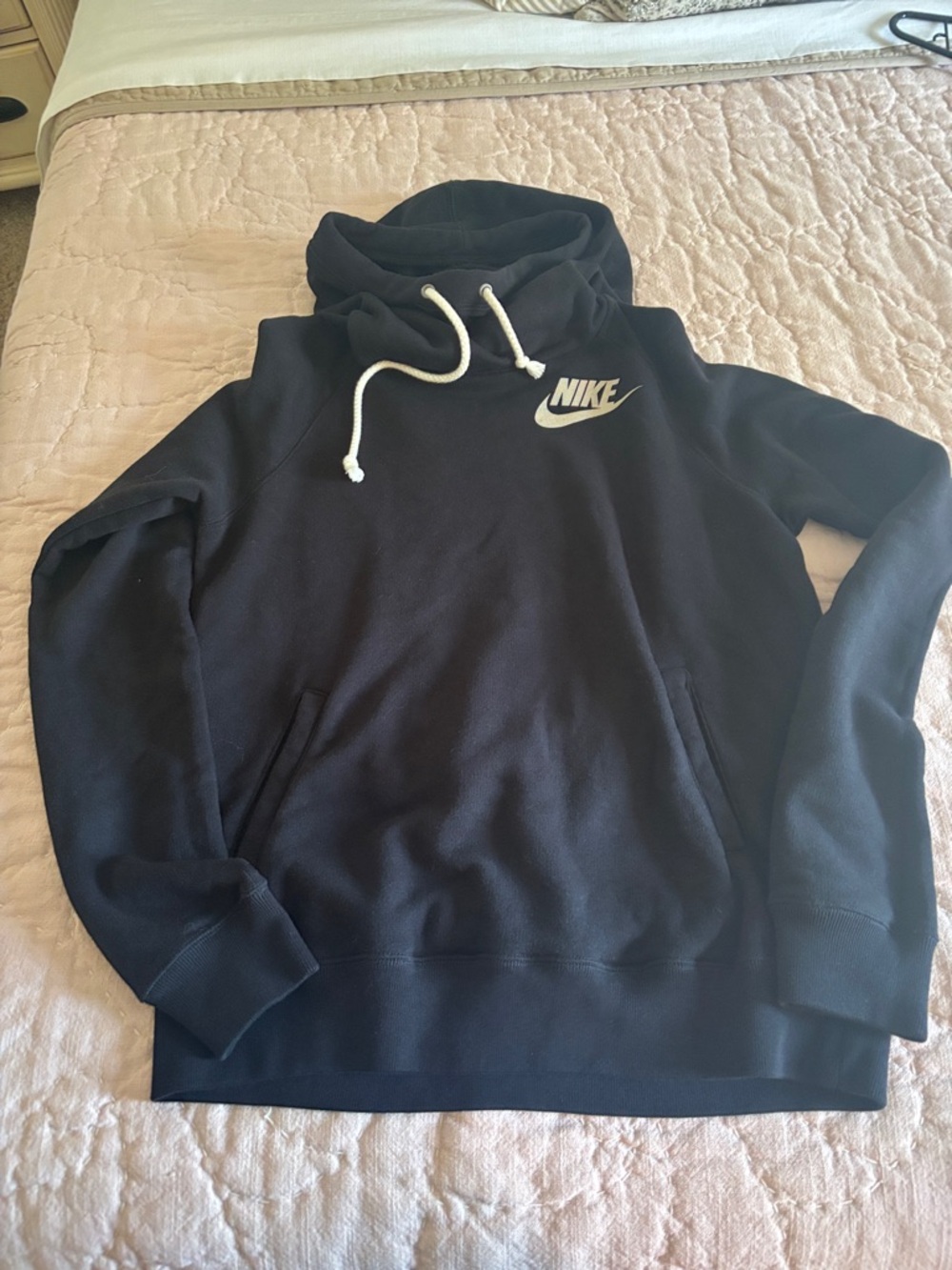 Nike Black Pullover Hoodie with White Logo and Drawcords